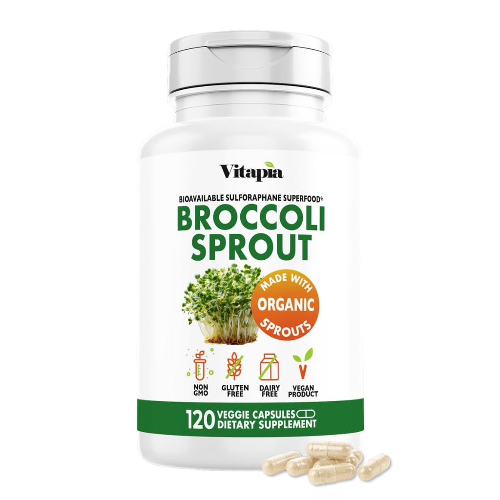 Sprout biologique de brocoli de Vitapia et extrait de brocoli pour le sulfaphane, l'antioxydant, le cerveau, la peau, le soutien de la santé cardiaque - 120 Capsules de Veggie - Non-OGM, Sans gluten, Supplément végétalien-friendly