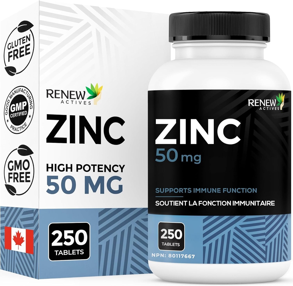 Renew Actives Zink Supplementen 50MG per Serving - Essentieel voor de gezondheid van de immuunsysteem, sterke botten en het bevorderen van gezonde haren, nagels en gloeiende huid voor dagelijks gebruik - Made in Canada - 250 tabletten