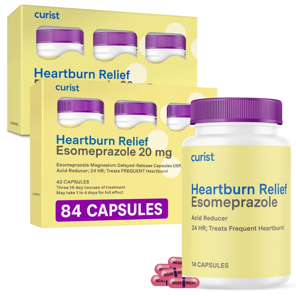 Curist Esomeprazole 20mg Capsules Delayed-Release 84 Count - Acid Reflux Medicine for Heartburn Relief - Two Packs of 42 Count Capsules (84 Total) - Acid Reflux Relief