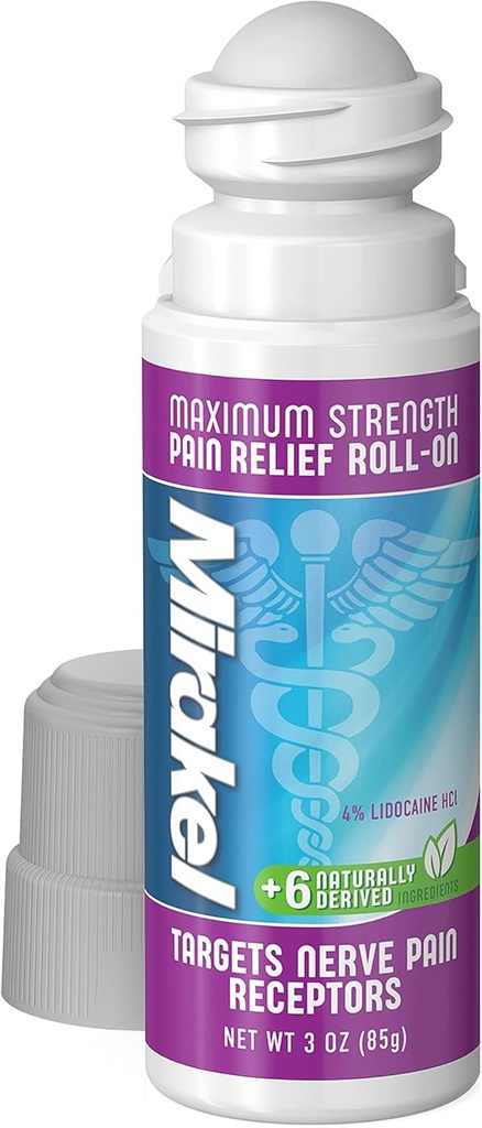 MIRAKEL Nerve Pain Relief Roll-on, maximale sterkte Lidocaïne om pijn in tenen, voeten, vingers, handen, benen en armen te verlichten, 3 oz