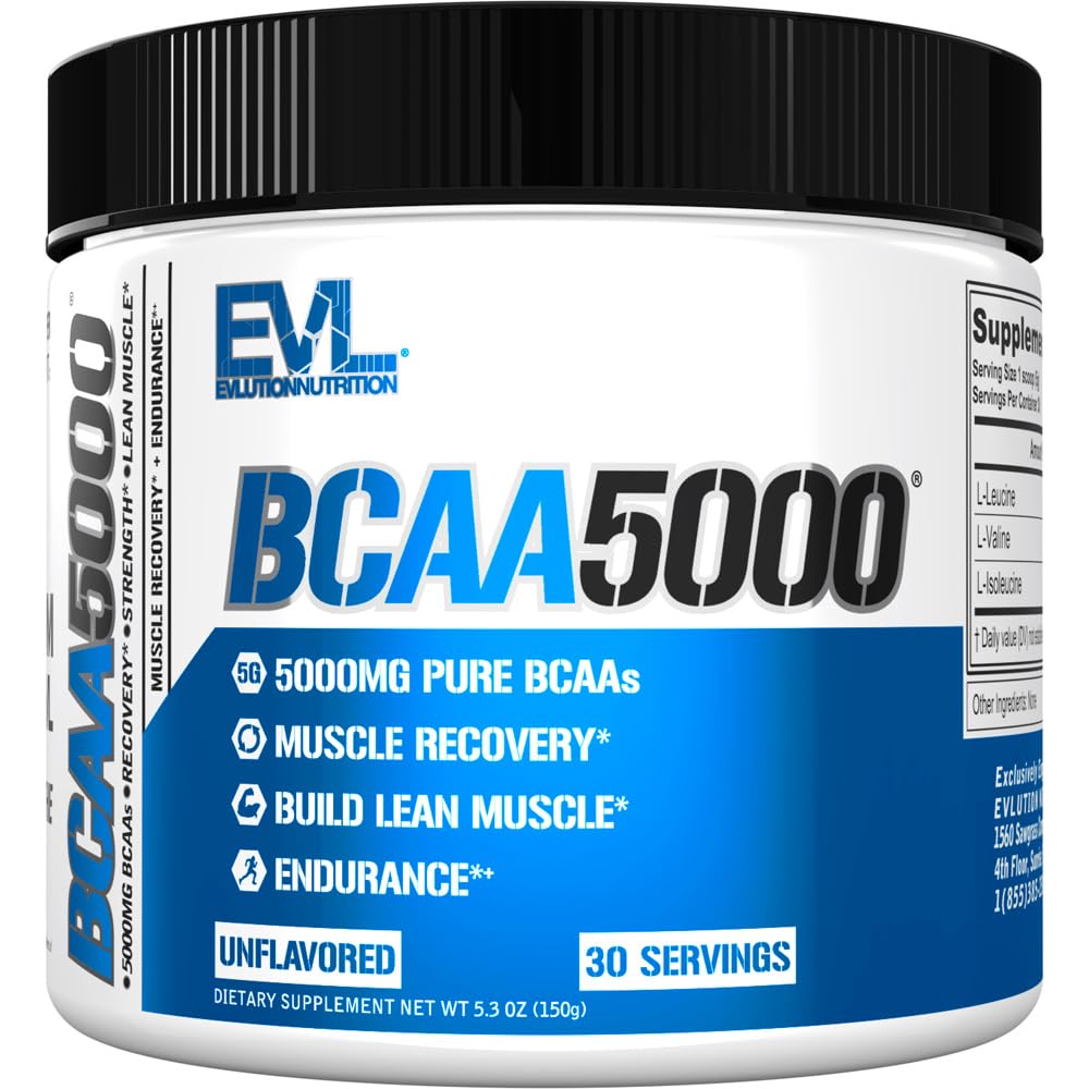 Evlution EVL BCAAs Amino Acides Poudre - BCAA Poudre après l'entraînement Recovery Drink and Stim Free Pre Workout Energy - 5g Branched Chain Acids Amino Supplément pour les hommes - Non aromatisé