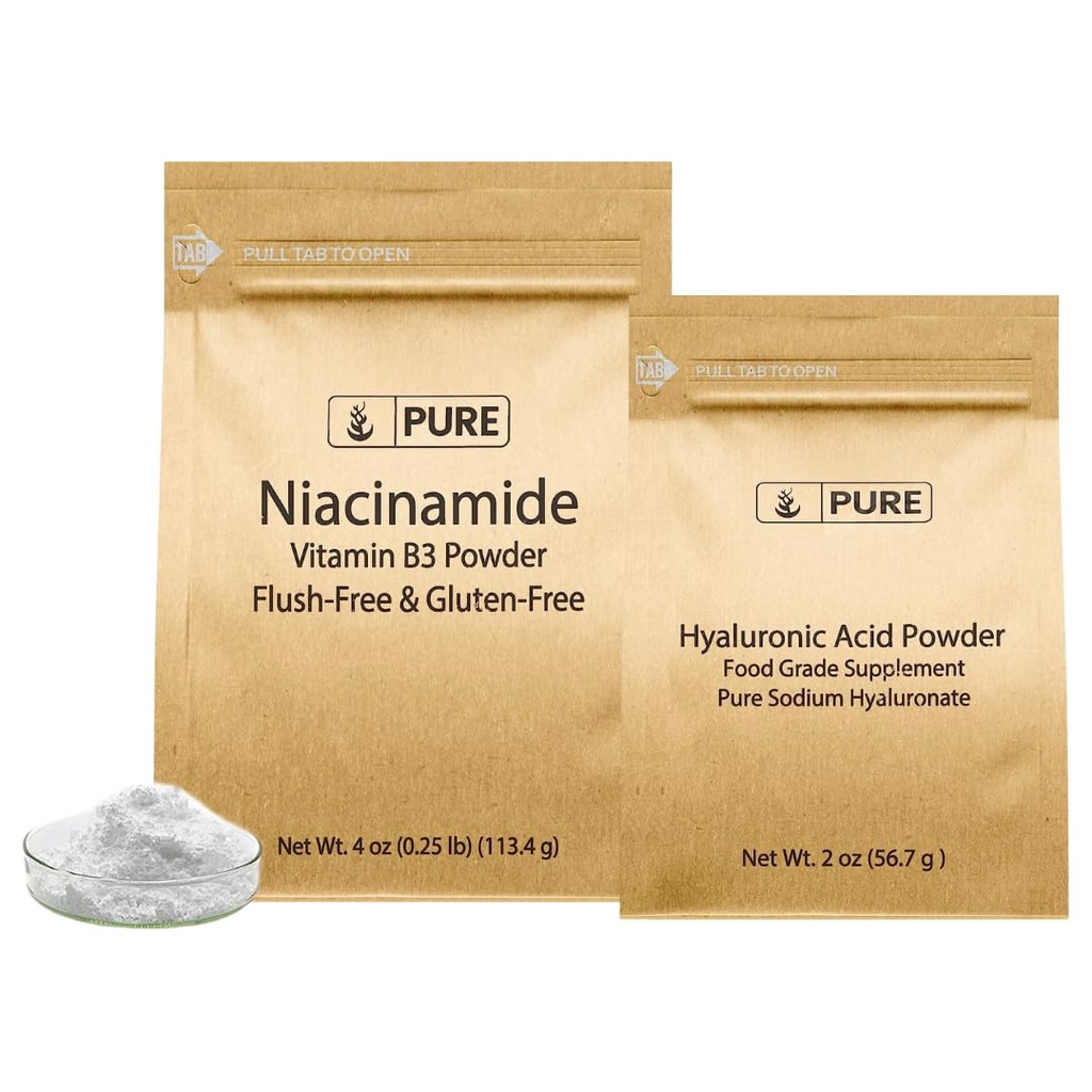 PURE ORIGINEEL INGREDIËNTEN Hyaluronzuur en Niacinamide bundel, diverse maten, Flush-Free, fijne poeders