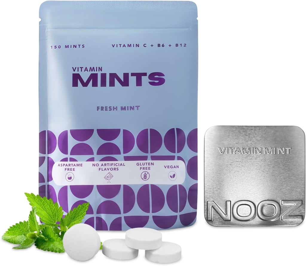 NOOZ Menthes Vitamine - Immunity & Vitalité - Rafraîchissements Mint Flavor , Suppléments sans sucre, Vitalité-Boosting pour la réduction de la fatigue et le bien-être - Non-OGM, 150 Monnaies Sac de renouvellement
