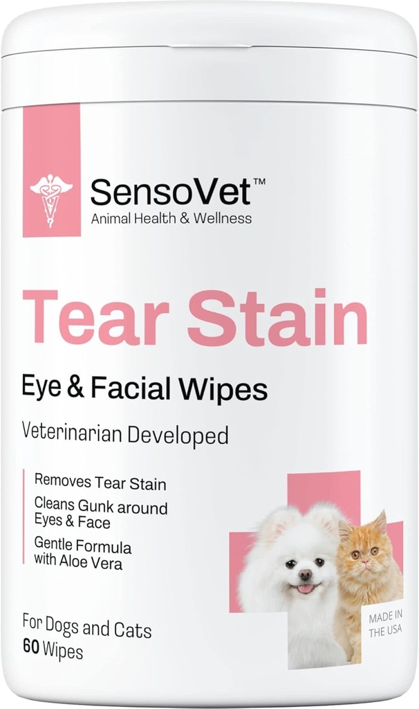 Tear Stain Remover Eye Wipes for Dogs & Cats, Cleans Eye Boogers and Gunk Discharge, Facial Cleansing with Aloë Vera (Fragrance Free)
