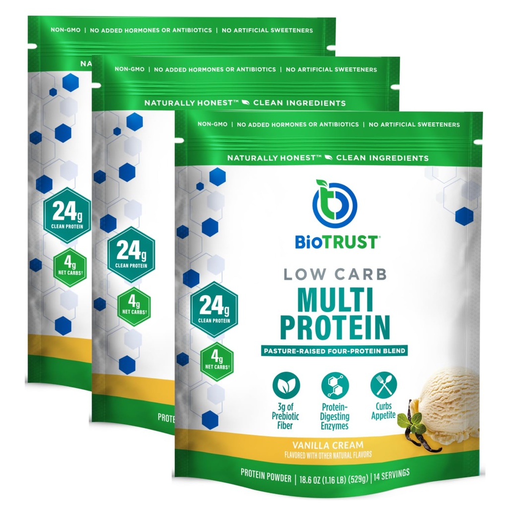 BioTrust Poudre de protéines à faible teneur en glucides – Mélange naturel et délicieux de lactosérum et de la caséine de vaches sans hormones à l'herbe – Non OGM, sans soja, sans gluten, sans hormones (Vanilla, 3-Pack)