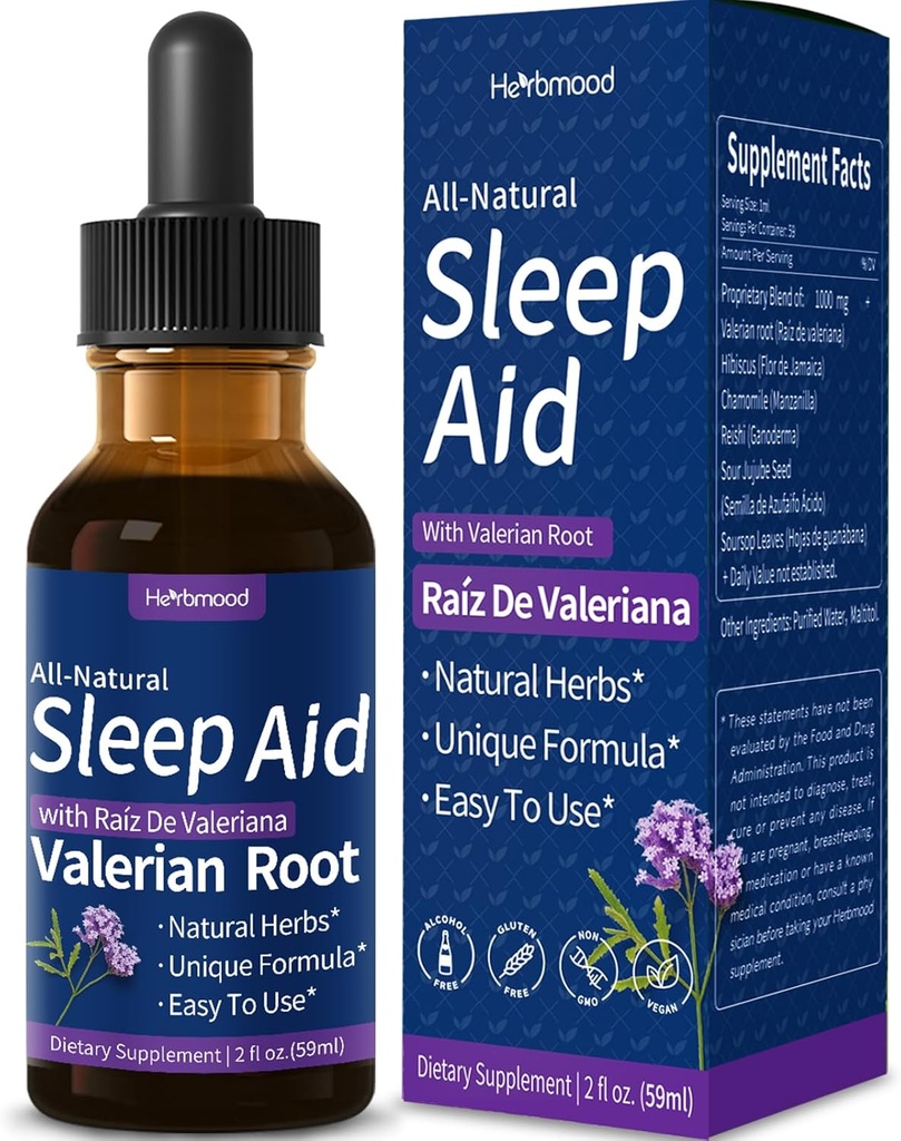 Drops de soutien du sommeil de racine valériane, Gotas de Manzanilla y Flor de Jamaica y Valeriana para Dormir Profundamente, Extrait de plantes naturelles liquide avec Hibiscus & Chamomile. 2 oz
