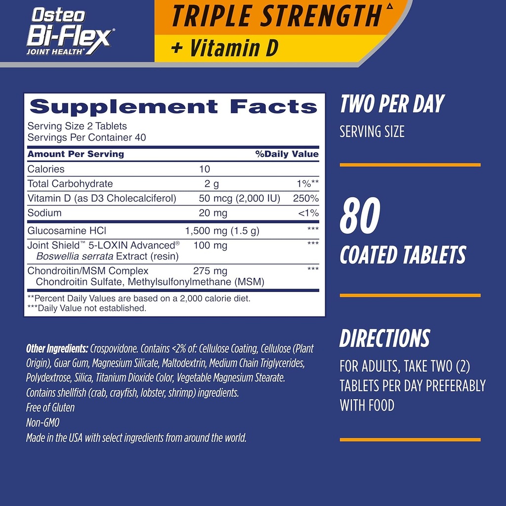 Osteo Bi-Flex Triple Strength(5) met vitamine D Glucosamine Chondroitin Joint Health Supplement, Coated Tablets, 80 Count (pack of 2)