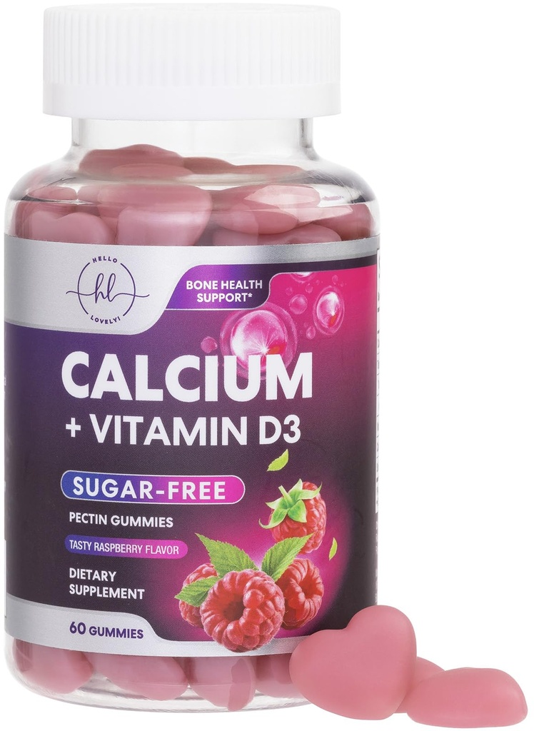 Calciumsupplementen voor vrouwen - Suikervrije Calcium Gummies met vitamine D3 voor bot sterkte, tanden & Immune Health Support, natuurlijke kauwgom voor vrouwen & mannen - Raspberry Flavored & Non-GMO - 60 Gummies