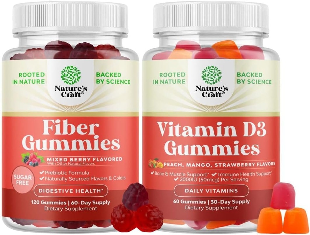 Bundle of Fiber Gummies for Adults - Chicory Root Supplement with Prebiotic for Gut & Digestief - Sugar Free & Vegan and Vitamin D3 Gummies with 2000IU per Serving Bone Muscle & Immune Support