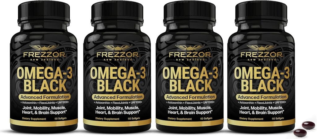 FREZZOR Omega 3 Zwart - Hoogste sterkte Groene Lipped Mosselolie Capsules, Gemaakt in Nieuw-Zeeland, UAF1000+, Ontsteking, Joint Care & Relief, Hart & Immuun Ondersteuning, 60 Tellen (pakket van 4)