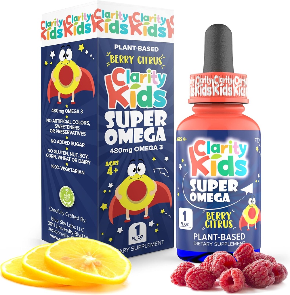 Clarity Kids Super Omega met DHA + EPA Omega 3 voor Better Focus & Quality Slaapalgenolie Omega 3 Vloeibaar (1 ml per portie) Alle natuurlijke DHA druppels voor kinderen USA Made Supplement (1 fl oz)