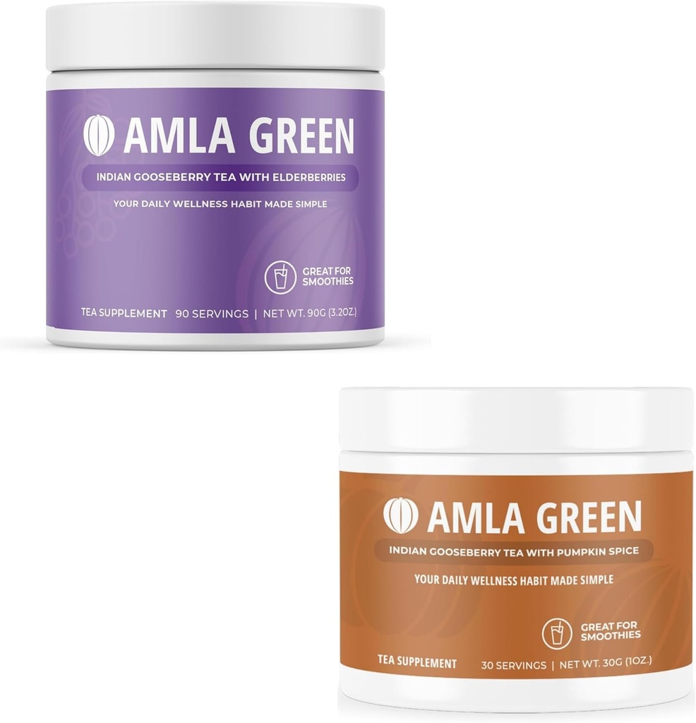 Amla Powder & Green Tea Superfood Supplement, Antioxidant Support, Gemaakt met vlierbessen (90 porties) & Pumpkin Spice (30 porties), Biologische, Veganistisch