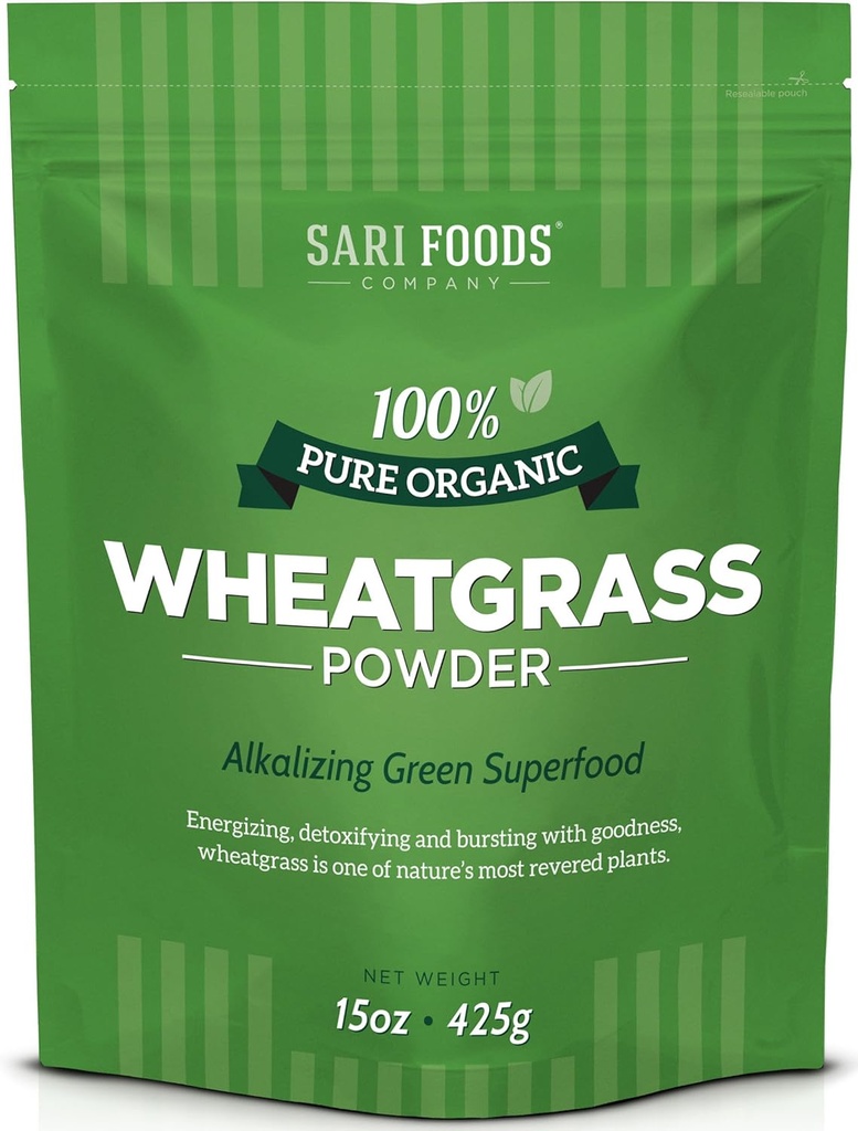 Sari Foods Biologische Tarwegras poeder - Tarwegras sap poeder met Chlorofyl, Antioxidanten & Vitaminen (15 Ounce)
