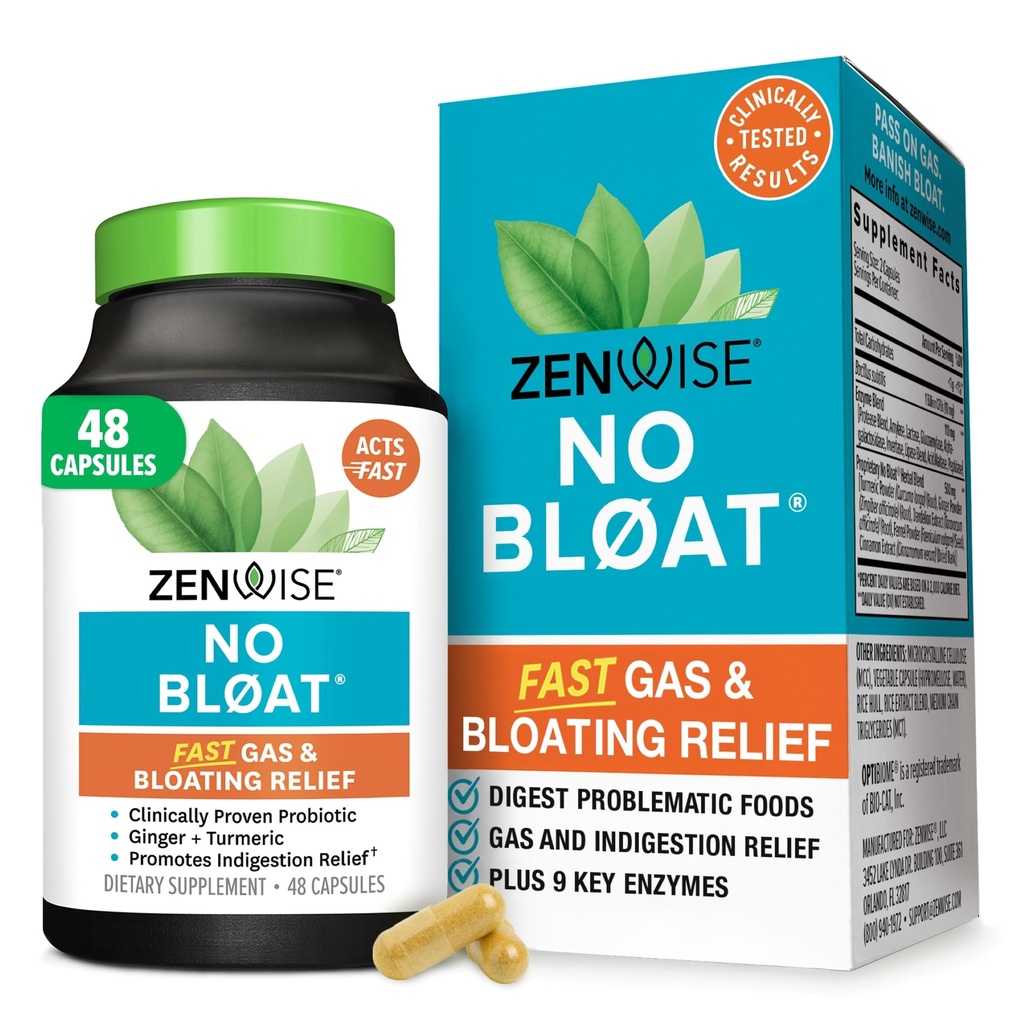 Zenwise Health No Bloat Digestieve Enzymen for Gut Health, Gas & Bloating Relief - Multi Enzymes Digestie Supplement with Probiotics, Ginger, Turmeric Dandelion & Lactase - Mannen & Women - 48 Tel.