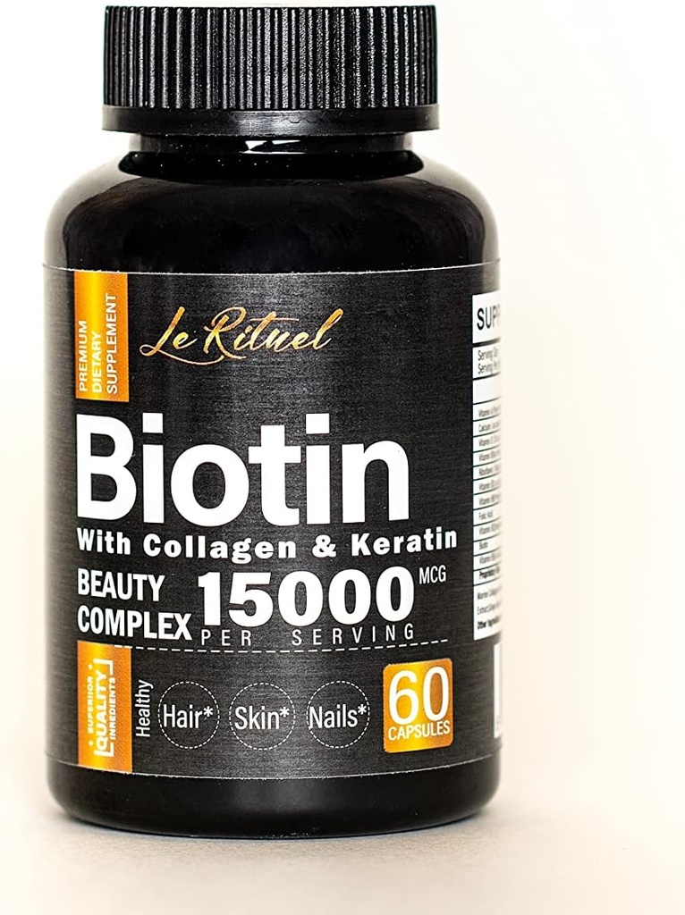 Biotine Vitaminen met collageen en keratine - Haargroei Supplement voor vrouwen en mannen - 15000 mcg pillen - Vitaminen A,D,B1,B2,B3,B5,B6,B12 Complex - gezonde Vegan Capsules - 60 Tel.