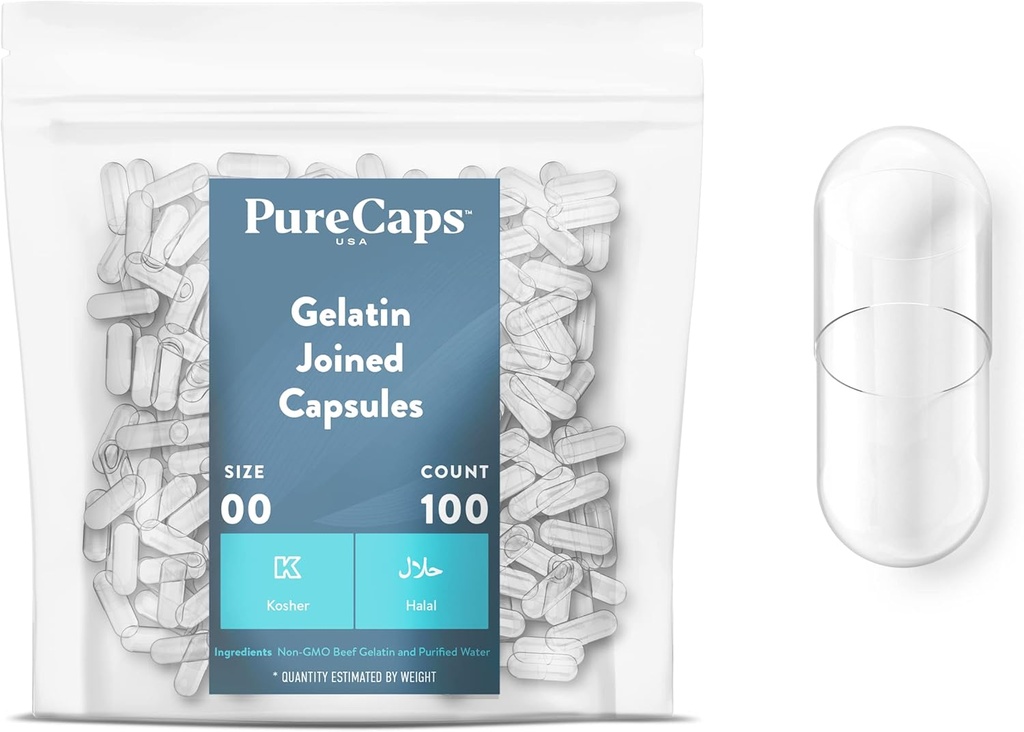 PureCaps États-Unis - Capsules de gélatine vides Taille 00:100 Pilules jointes Effacer: Non-OGM Certifié: SLS, Gluten, Preservative Free
