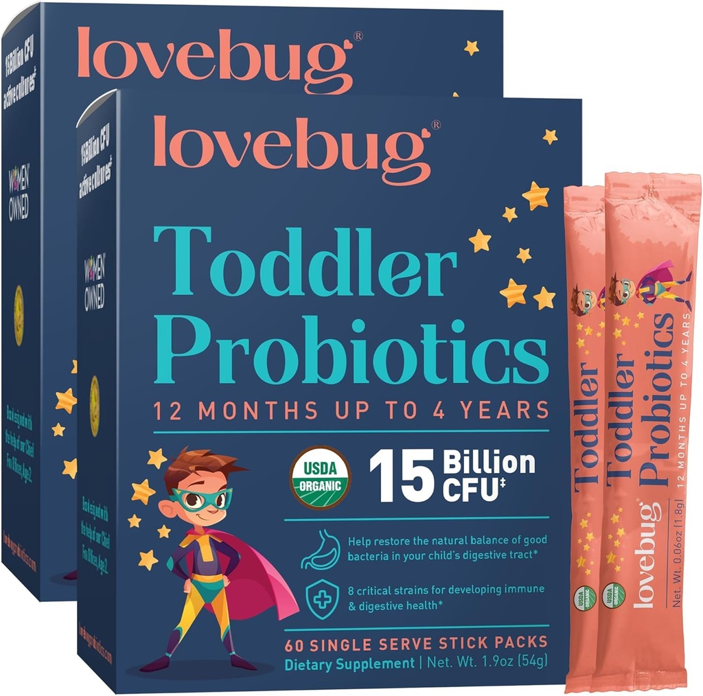 LOVEBUG Kids Probiotic Powder with Prebiotic Fiber - Peuter Immunity Support & Constipatie Relief - USDA Organic Probiotics for Childrens Gut & Digestief Health (Ages 1-4) - 60 Pack (ongearomatiseerd)