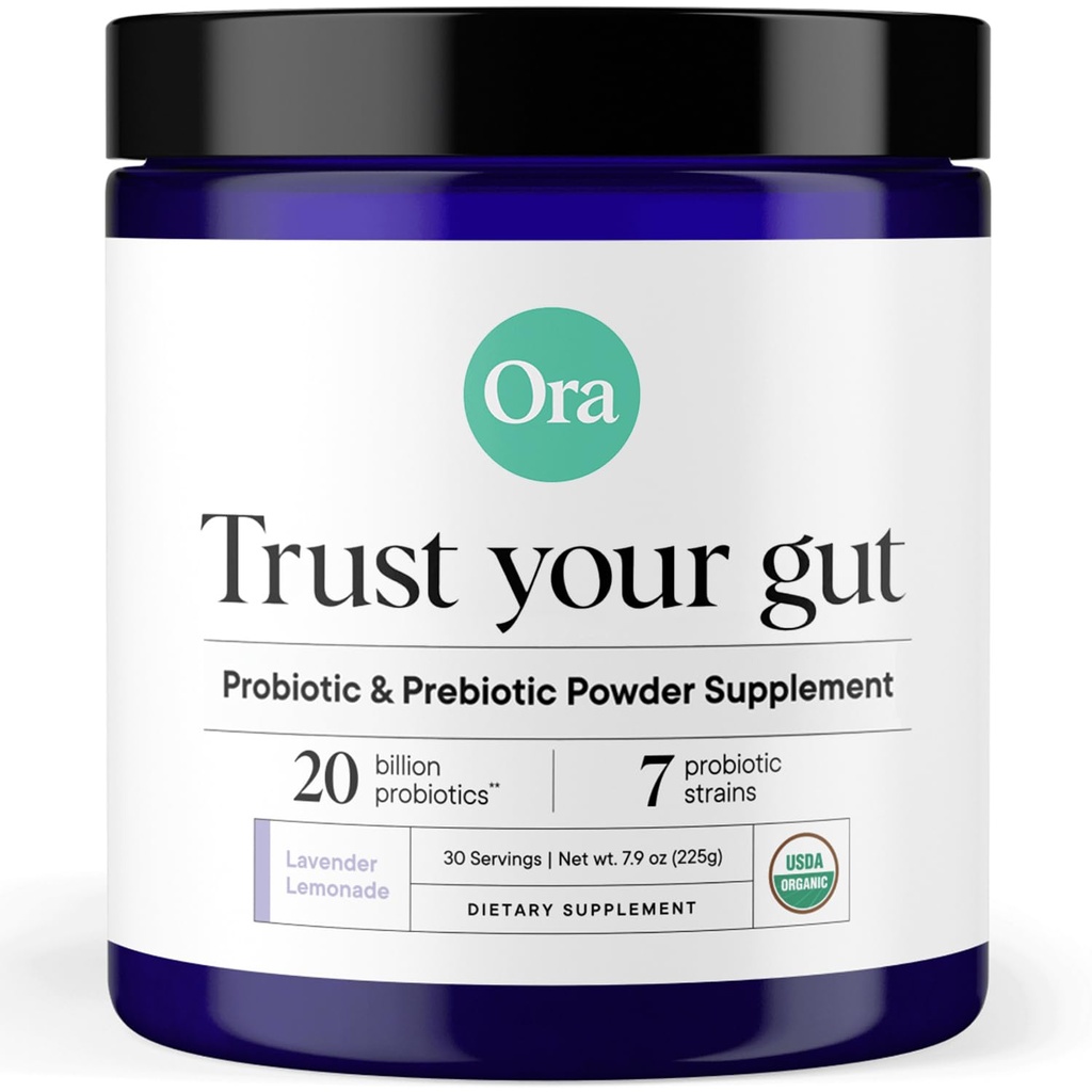 Supplément de poudre bio prébiotique et probiotique Ora - 20 milliards de probiotiques, 7 souches pour la meilleure poudre prébiotique, non OGM, probiotiques pour les femmes, les hommes et les enfants - Lavande Lemonade Saveur, 30 portions