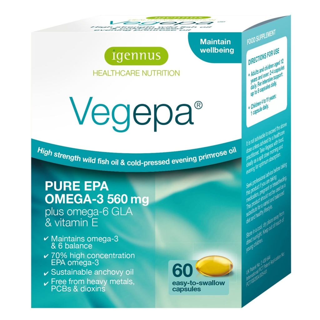 Igennus Vegepa Omega 3 Wild Fish Oil & Avond Primrose Oil Blend, 560 mg EPA Plus GLA, 60 Small Softgels
