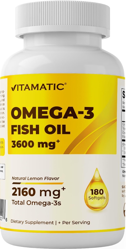 Vitamatic Triple Strength Omega 3 Huile de poisson 3600mg Par portion, 2160mg Omega 3 Acides gras, 1296mg EPA + 864mg DHA, Saveur de citron sans Burpless, 180 Softgels