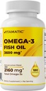 Vitamatic Triple Strength Omega 3 Fish Oil 3600mg Per Serving, 2160mg Omega 3 Vetzuren, 1296mg EPA + 864mg DHA, Burpless Lemon Flavor, 180 Softgels