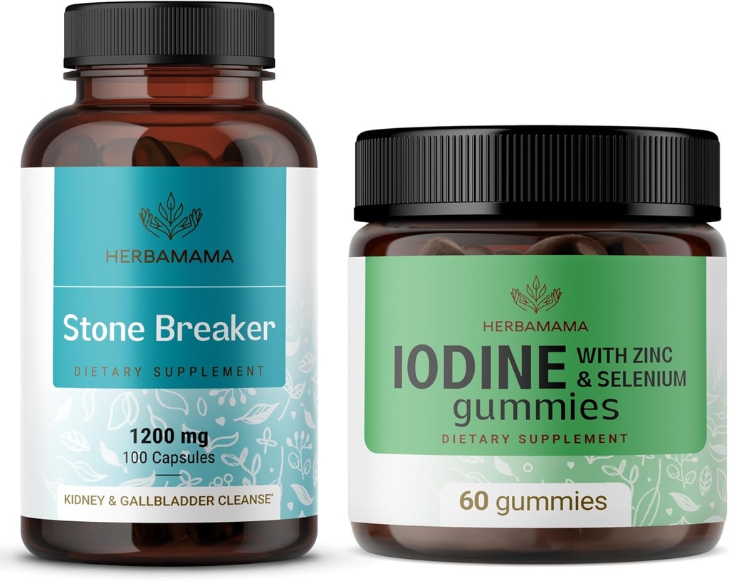 HERBAMAMA Stone Breaker and Iodine Kit - bundel van 1200 mg Stone Breaker Capsules & Kaliumjodium Gummies - Vegan, Non-GMO, Gelatine-Free - 2 Pack