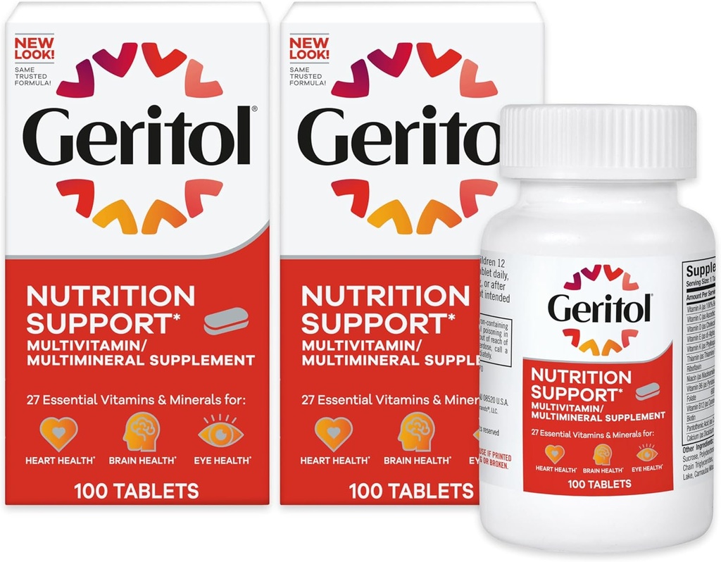 Geritol, Multivitamine Supplement, Bevat B-vitaminen, Antioxidanten, Vitaminen C, E & D en ijzer, 26 Essentiële Vitaminen en Mineralen, Glutenvrij, Non-GMO, Geen kunstmatige zoetstoffen, 100 tabletten - 2ct