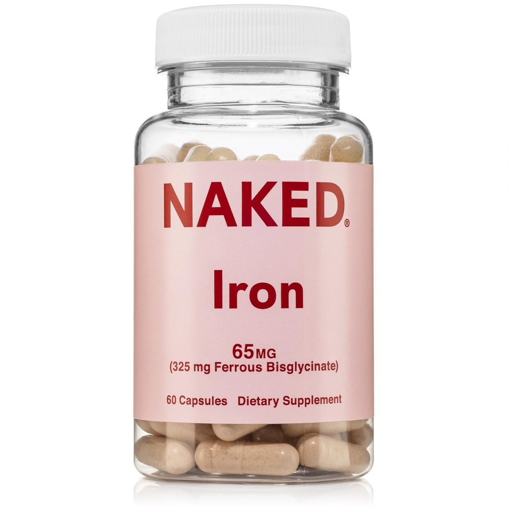 Naked Iron 65mg, 325mg Bisglycinate de fer - supplément de fer à haute puissance pour la carence en fer, soutien énergétique cellulaire, favorise la production saine de globules rouges, non-OGM, sans gluten, 60 capsules