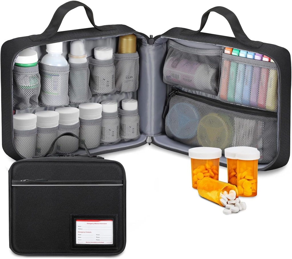 SITHON Pill Flessen Organisator Geneeskunde Bag Medication Travel Carrying Case Manager met handvat, vaste zakken voor medicijnen, vitamines, medische benodigdheden, zwart