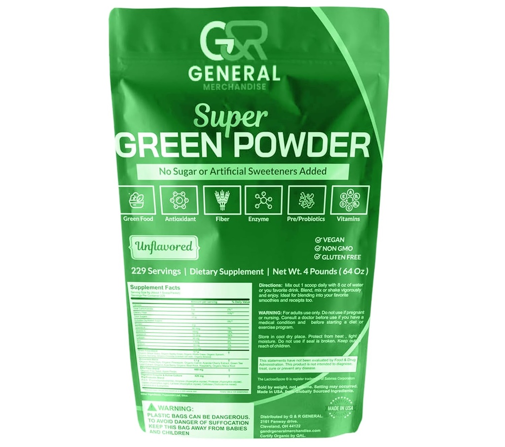 Super Greens Powder Superfood Organic, 229 Serves Discompensative Enzymes, Probiotics & Vitamins Groenten (Wheatgrass, Spirulina & more), Fruits, 4 Pounds(64oz).