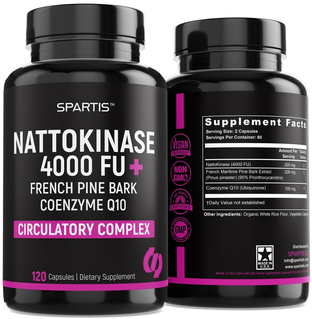 Nattokinase Supplement 4000 FU CoQ10 100mg Frans Maritime Pine Bark Extract 200mg met Enzymen voor Circulatoire & Cardiovasculaire Ondersteuning (verpakking van 1 bij 120-Caps)
