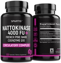 Nattokinase Supplement 4000 FU CoQ10 100mg Frans Maritime Pine Bark Extract 200mg met Enzymen voor Circulatoire & Cardiovasculaire Ondersteuning (verpakking van 1 bij 120-Caps)