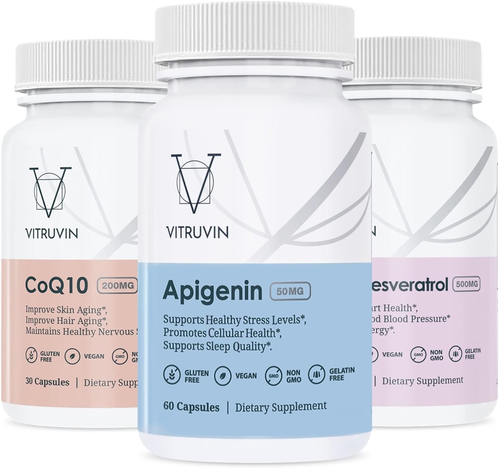 Vitruvin Sport Recovery (Apigenin 2 x 50mg, COQ10 200mg, Resvératrol 500mg) Vegan, non-OGM, sans gluten, sans gélatine.