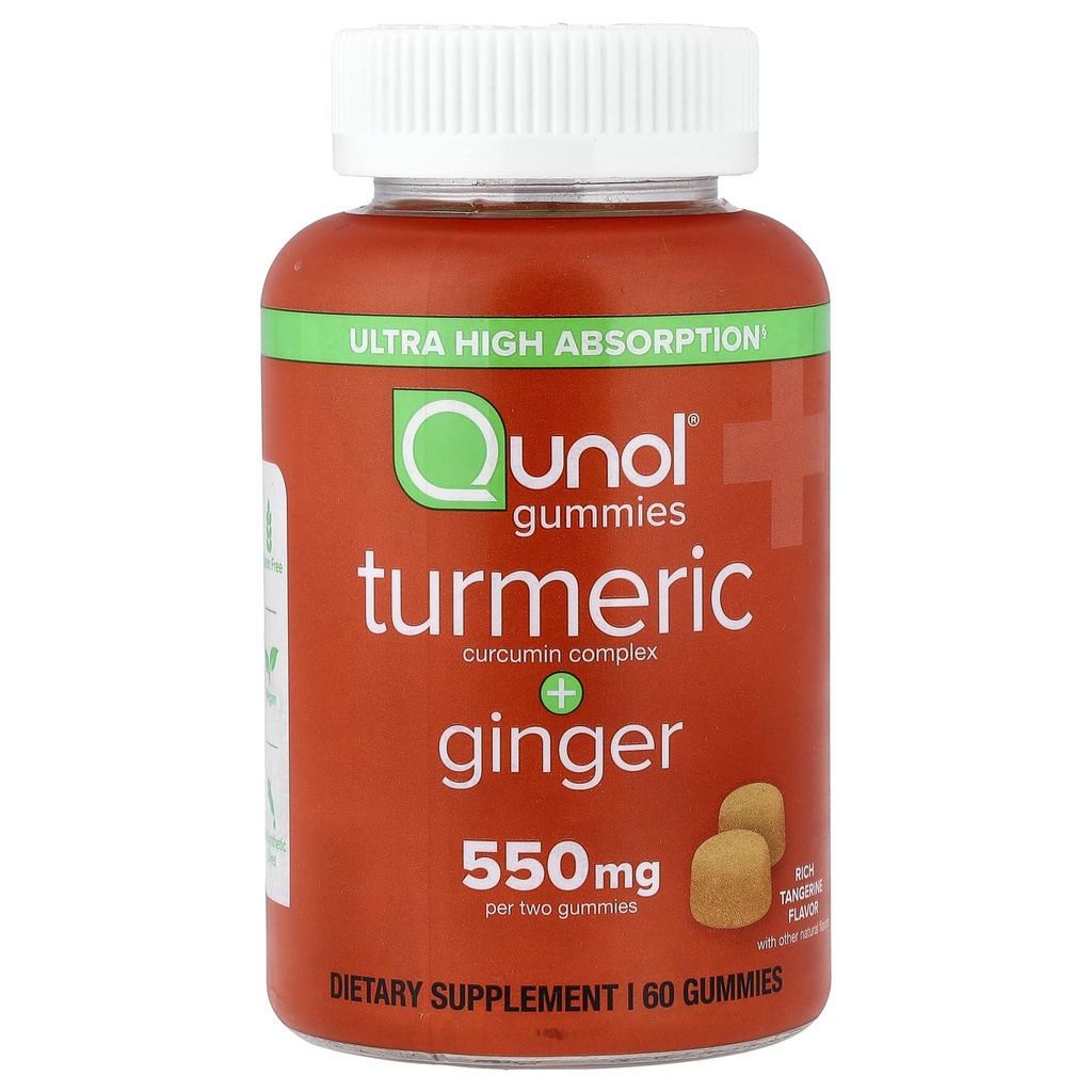Qunol Kurkuma en Gember Gummies, Gummy met 500mg Kurkuma + 50mg Gember, Gezamenlijke Ondersteuning Supplement, Ultra Hoge Absorptie Tumerische en Gember, Veganistisch, Glutenvrij, 1 Maand Levering 60ct Gummies
