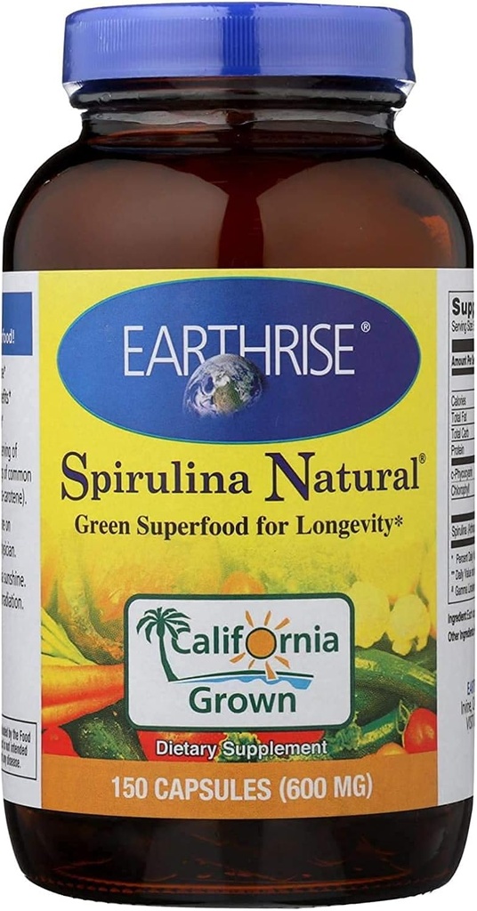 Earthrise Spirulina Natural 600 mg -150 Capsule, Natural Premium Spirulina uit Californië- Vegan, Glutenvrij, Keto Friendly, Non-GMO Super Food hoog in vitaminen en mineralen.