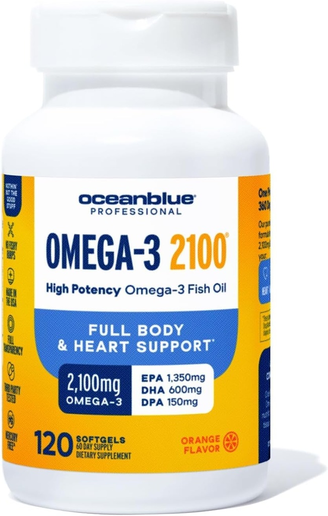 Oceanblue Professional Omega-3 2100-120 ct - High-Potency Triple Strength Burpless Fish Oil met EPA, DHA & DPA - Wild Caught - Orange Flavor, 60 Servings