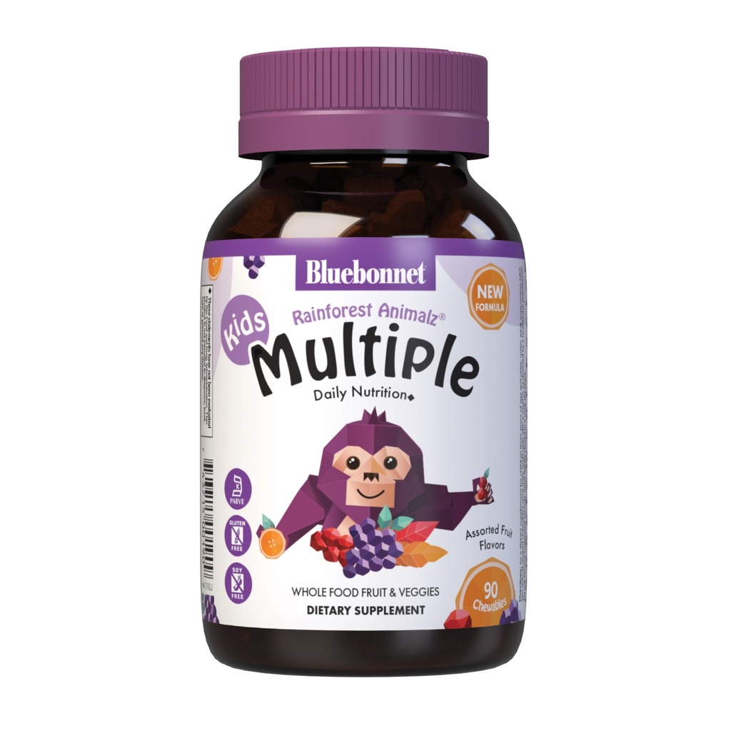 Bluebonnet Voeding Rainforest Animalz Geheel voedsel op basis van meerdere kauwtabletten, kinderen Multivitamine & Mineraal, Vitamine C, D3, ijzer, Glutenvrij, Melkvrij, Kosjer, 90 Kauwtabletten, gemengde smaken