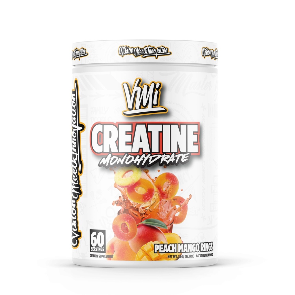 VMI Sports Creatine Monohydraté Poudre Masse musculaire – Force – Taille – Puissance – 5 grammes par portion (60 portions, anneaux de mangue de pêche)