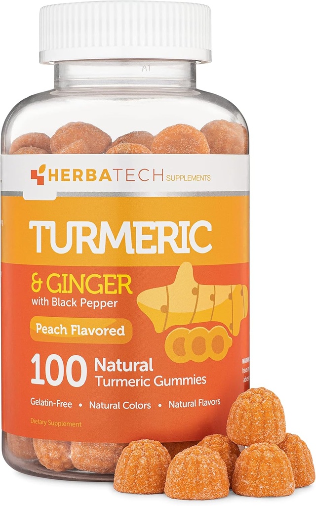 Gummies curcumines curcumines avec racine de poivre noir et de gingembre (100 comte) Supplément à croquer pour adultes et enfants - Soutien conjoint et Vegan Safe