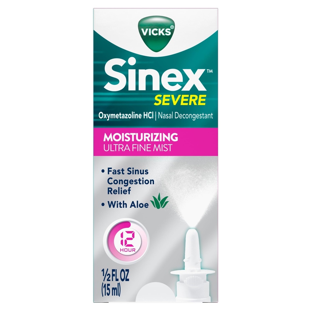 Vicks Sinex ernstige neusspray met vochtinbrengende Ultra Fine Mist, decongestant voor Stuffy Neus Verlichting van koude, Allergie, Sinusdruk - 265 Sprays