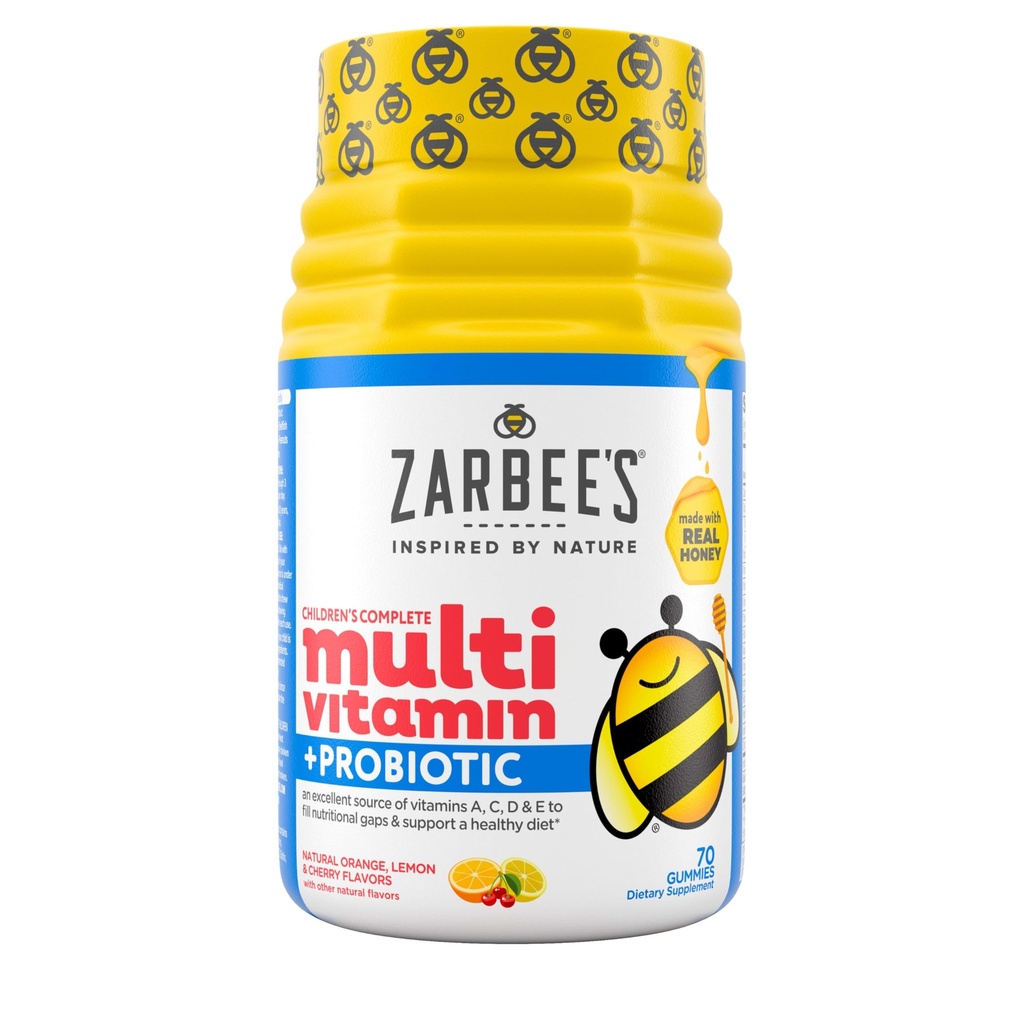 Zarbee's Kid's Complete Multivitamine + Probiotische Gummies met Vitaminen A B C D E & zink voor Digestieve Gezondheid Gemakkelijk te kauwen Kinderen Dagelijks Multivitamine Gummies Natural Fruit 70 Tel.