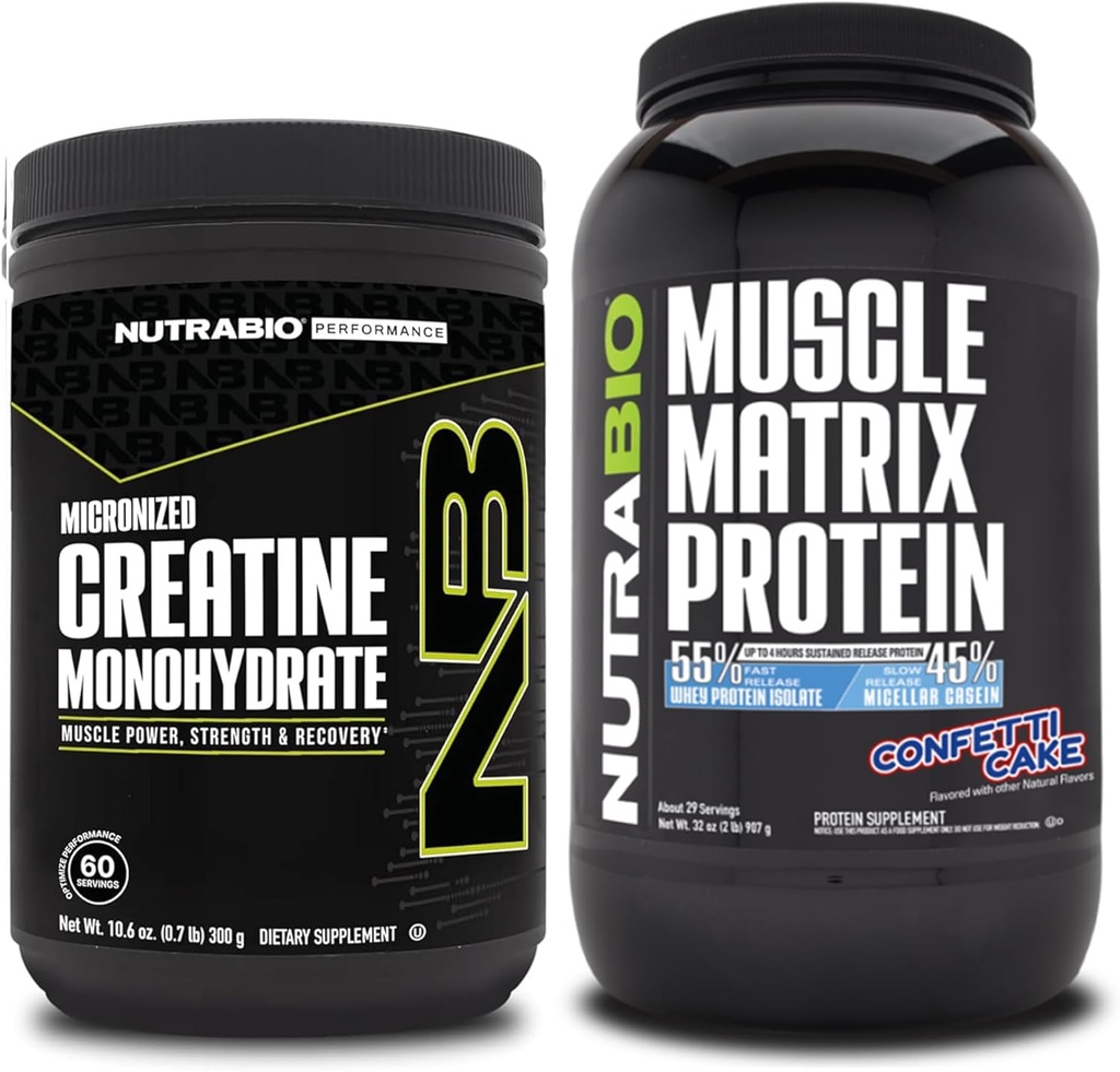 NutraBio Creatine Monohydraat, Unflavored, (300 g) en Muscle Matrix Protein Powder, (Confetti Cake) Supplement Bundle 