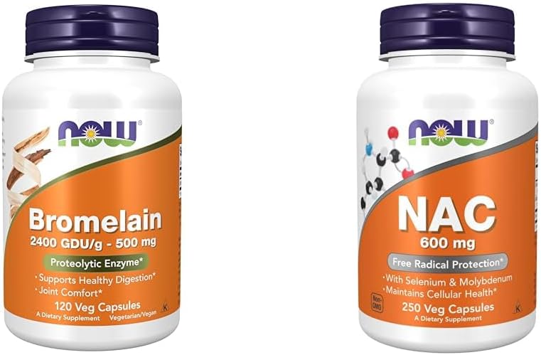NOW Supplementen, Bromelain 2.400 GDU/g - 500 mg, Natuurlijk Proteolytische Enzyme*, 120 Veg Capsules & Supplementen, NAC 600 mg met Selenium & Molybdeen, 250 Veg Capsules