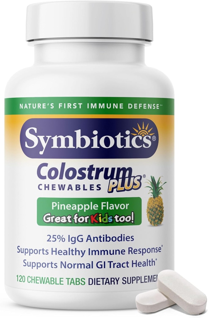 Symbiotiques Colostrum 120ct Chewables Plus - Immunity Support for Adult & Kids - Lactoferrine Supplement & Colostrum Protein - Supports Digestion & Gut - 25% lgG Antibes, sans gluten - Ananas