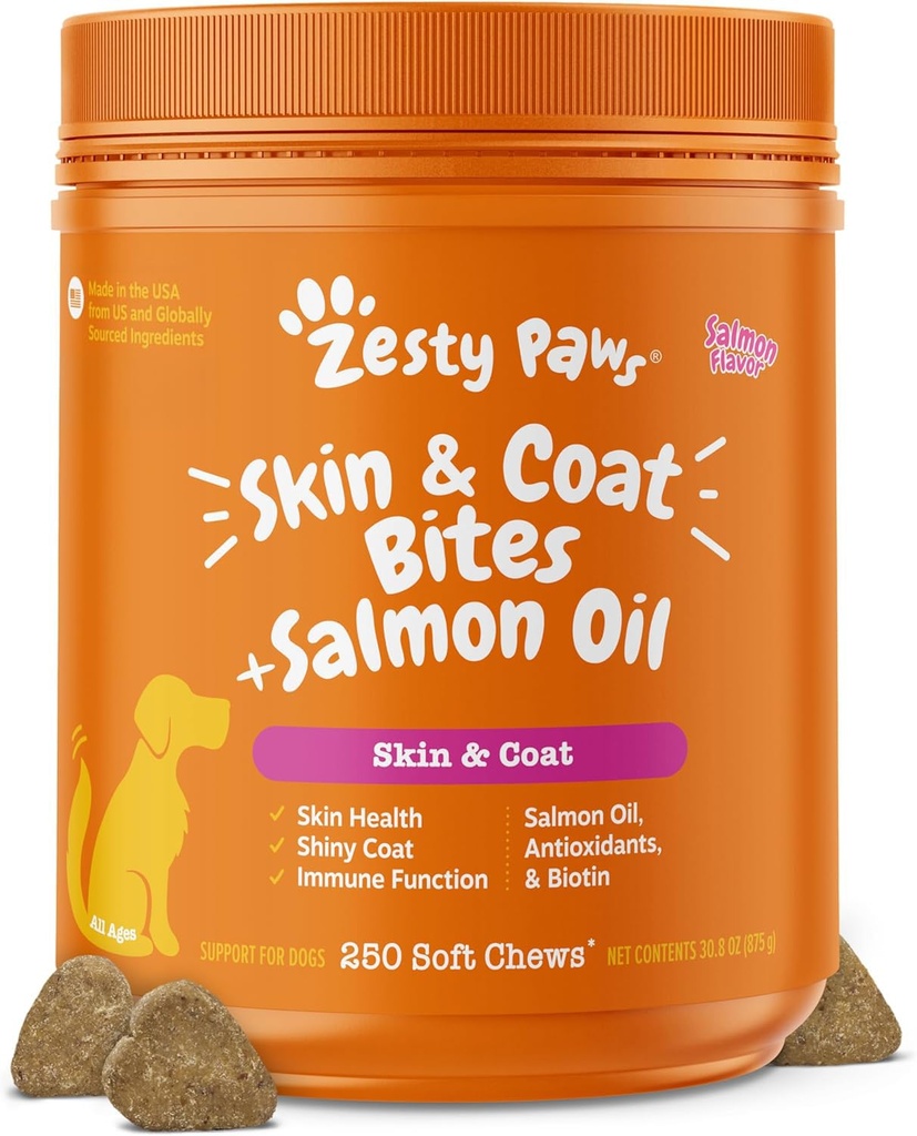 Zesty Paws Zalmolie voor honden huid en jas, Omega 3 Visolie Kauwen, Honden Allergie Relief Kauwen, Itch Relief Supplement, 250 Tel, Zalm smaak
