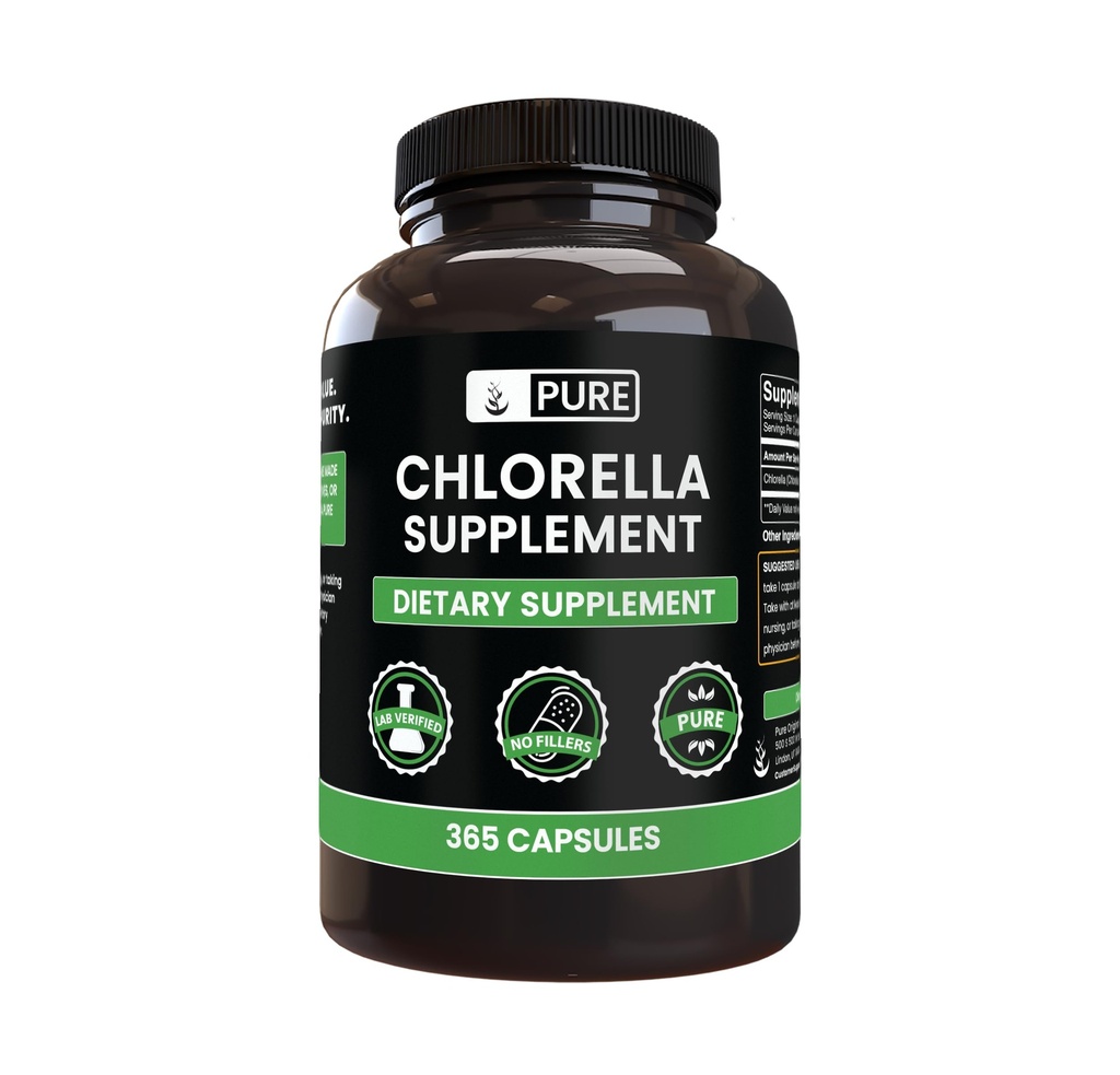 Pure originele ingrediënten Chlorella (365 capsules) Geen Magnesium of Rijst Fillers, altijd zuiver, Lab geverifieerd