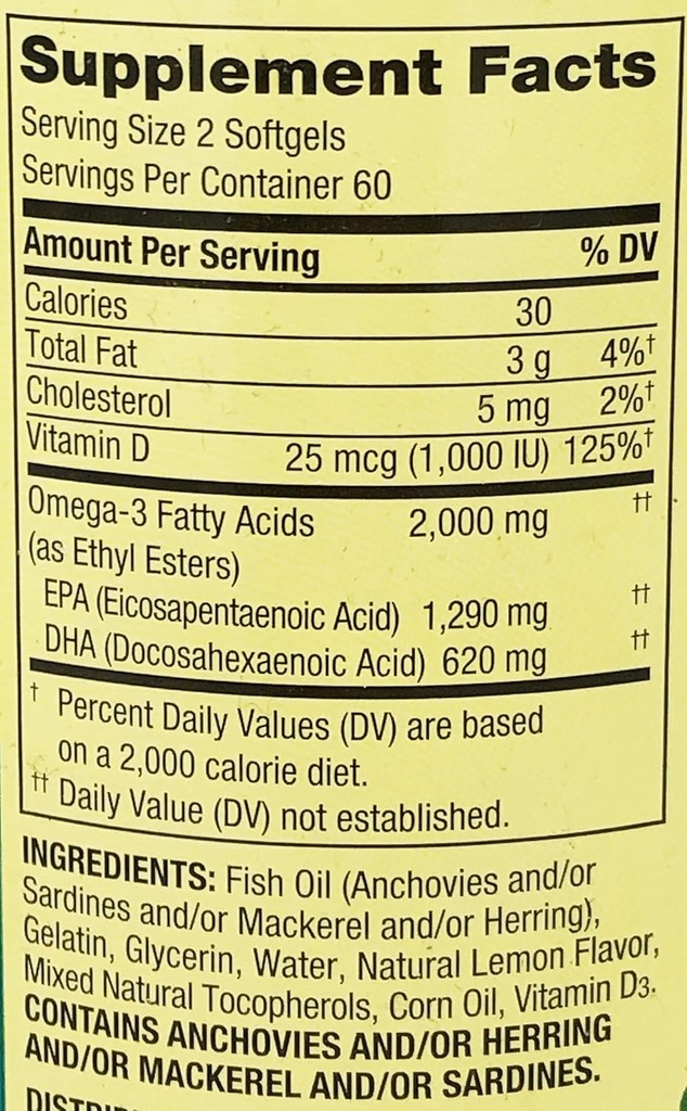 Spring Valley Omega 3 Huile de poisson Soins maximum 2000mg Citron 120 Softgels