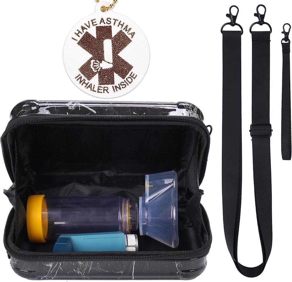 MGZNTY Travel Carrying Case voor Astma Inhaler, Inhaler Spacer voor kinderen en volwassenen, maskers, houder tas met schouder Crossbody Touw en Mesh Pocket voor de geneeskunde (alleen geval) (zwart marmer)