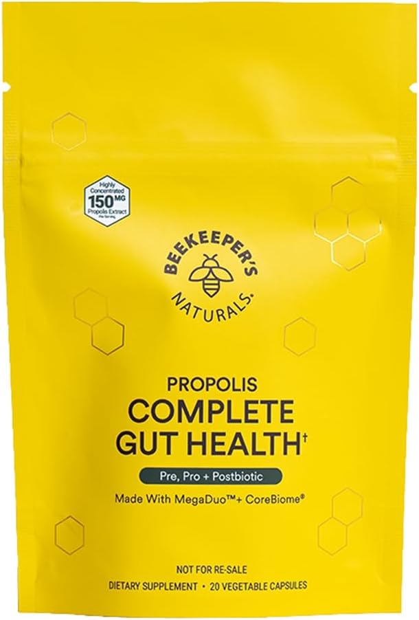 Beekeeper's Naturals Complete Gut Health, 3-in-1 Prebiotic, Postbiotic, Probiotics for Digestive Health & Bloating Relief for Women & Men, Propolis Powered, Glutenvrije Vegan Capsules, 20ct