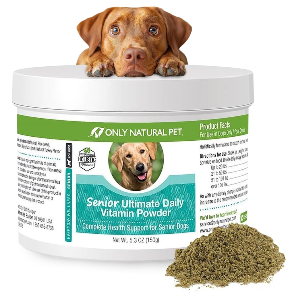 Alleen Natural Pet Senior Ultimate Daily Canine Vitamine Supplement voor Honden Complete Holistic Health Support - Made in USA, 5.3 oz Turkije Flavored Powder